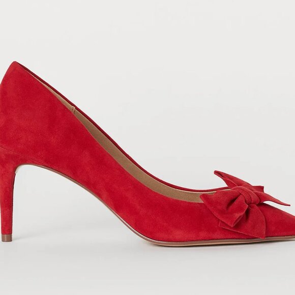 H&M Suede Court Shoes Red Bow Eur 37 US 6 3 inch heel pointed toe - Picture 6 of 6